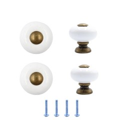 1” Ceramic Round Knobs, Antique Brass and Ceramic Cabinet Knobs, White Furniture