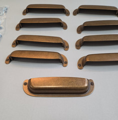 Drawer Pulls Cup Handles Brass Tone Gold Lot of 9 6″ length 5″ center Unused