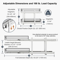 2 Tier Pull Out Cabinet Organizer – 20″ W x 22″ D Soft Close Slide Out Shelve…