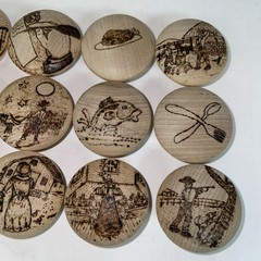 12 Vintage Wood Burned Cabinet Knobs Pyrography Folk Art Farmhouse Drawer Pulls