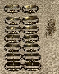 Lot Of 14 Vintage MCM Drawer Pulls w/ Keyhole Cast Pot Metal + 33 Brass Screws