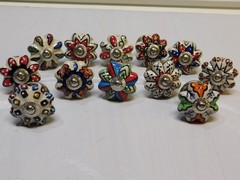 SET OF 12 MULTI COLORED CERAMIC 1 3/4” SCALLOPED DRAWER PULLS