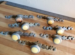 Vintage Off White Ceramic & Antique Brass Furniture Knob w/ Back Plate Set of 7