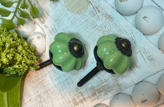 2 ANTQ Brass JADEITE GREEN Kitchen Cabinet Drawer Knobs Depression Ceramic 1.25″