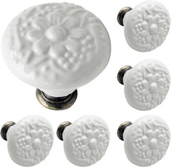 6 Pcs White Ceramic Kitchen Cabinet Knobs and Pulls, Retro Vintage round Drawer