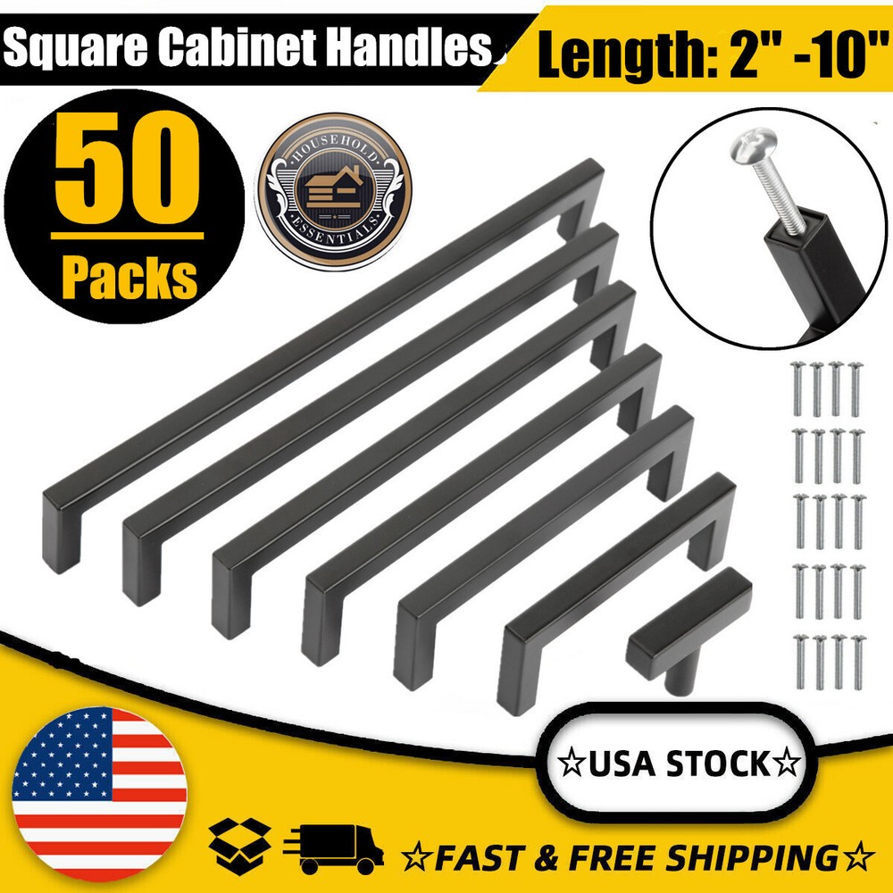 50 Packs Modern Square Steel Kitchen Cabinet Handles Drawer Cupboard Pulls Black