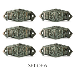 6 Floral Art Deco Cabinet Drawer Cup Pulls Cast Iron Antique Green & Gold 4 in