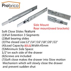 Probrico Soft Close Full Extension Drawer Slides Ball Bearing Side or Rear Mount