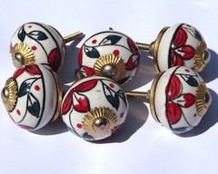 White round with red flowers and dark green leaves ceramic knobs (brass ) x 6