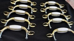 10 Cabinet Drawer Handles 3″ C/C /White Porcelain GOLD Pull 5″ Long as shown
