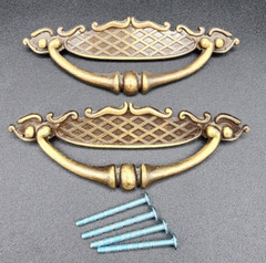 2 Drawer Pull Cabinet Handles Ornate Metal Brass Color 6.25 Inch w/screw Vintage