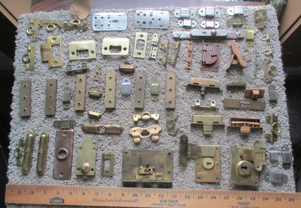 Vintage brass cabinet, trunk, latches, locks, hinges, pulls Lot of 70 pieces