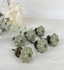Set of 6 Pumpkin Melon Ceramic Drawer Knobs Green & Antique Brass Hardware NEW