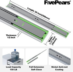 20″ Heavy Duty Soft Close Drawer Slides – 6 Pairs, 150 lb Capacity