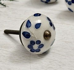 1 White Blue Floral Ceramic Cabinet Knobs Glossy Round