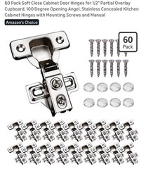 60-Pack Soft Close Adjustable European Cabinet Door Hinges, Silver