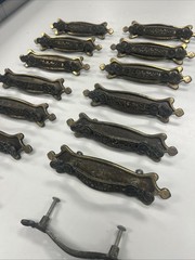 Vintage National Lock Brass Cabinet Drawer Pull Handles Screws Back Plate 14 Ct.