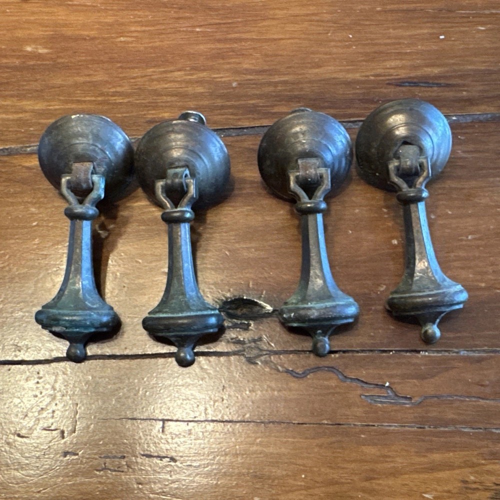 4 Vtg Traditional Cabinet Furniture Drop Pull Pendant Oxidized Brass 2″ Long Set