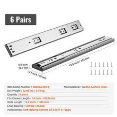 6 Pairs of 14 In. Drawer Slides Side Mount Rails, Heavy Duty Full Extension Stee