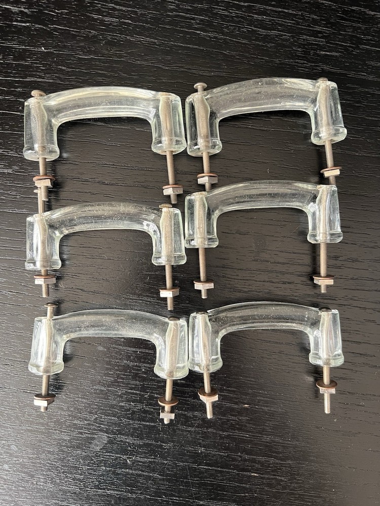 6 Antique Glass Cabinet Pulls, Drawer Handle Knob Furniture Original Vintage Set