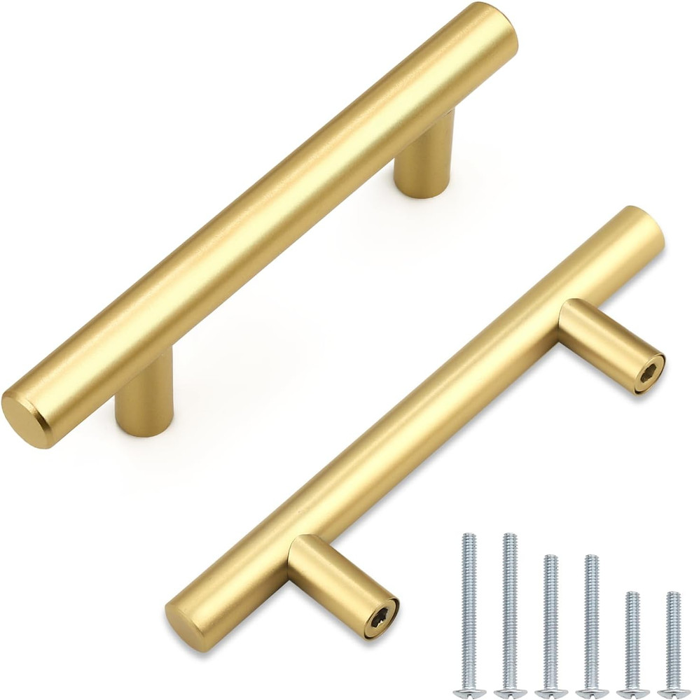 30 Pack 3 Inch Hole Center Brushed Gold Cabinet Pulls, Brushed Brass Kitchen Cab