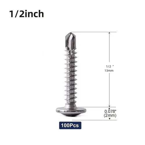 100pcs #8 x 1/2″, 5/8″, 3/4″, 1″ Stainless Steel 410 Wafer Head Self Drilling Sc