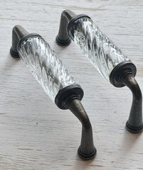 2 Clear Spiral Glass Antique Brass Metal Drawer Pulls Cabinet Pulls 3.88″ x 4”