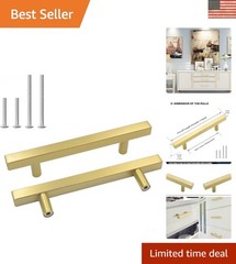 2 Pack Gold Cabinet Pulls 4” Brushed Brass T Bar Drawer Handles for Kitchens