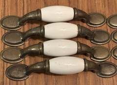 MCM Brass & Porcelain Ceramic Cabinet Drawer Handles Pulls 5” VTG