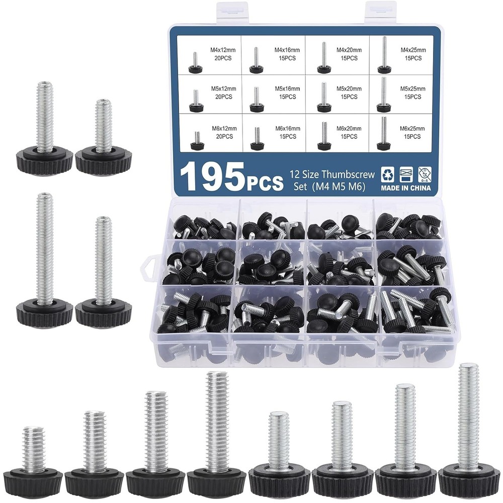 195PCS 12 Size Thumb Screws Carbon Threaded Knurled Knob Mounting Screw Grip …