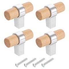 4Pcs 1.57″x0.71″ T-Bar Wooden Drawer Pulls with Silver Base Beech