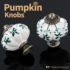 Ivory & Green Pumpkin Knobs Pack Ceramic Cabinet Knobs Vintage 2 Green Flower