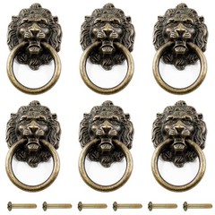 6 Pcs Lion Head Knobs Pull, Antique Bronze Ring Pull Handles for Dresser Drawers