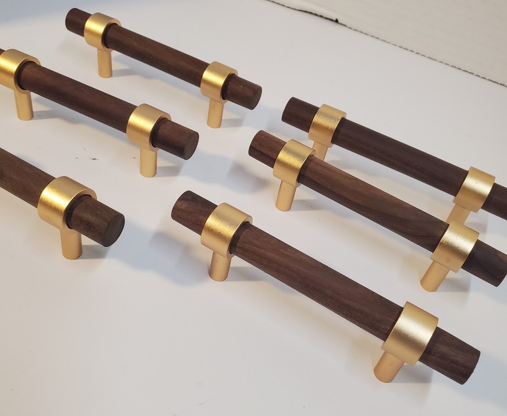 6 Brown Wood And Gold Drawer Pulls Handles Furniture Cabinet Hardware