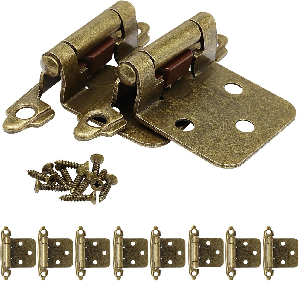 10 Pack Antique Brass Self Closing Cabinet Hinges | Heavy Duty, 1/2″ Overlay