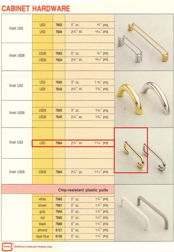 OMNIA #7684 PULL, ZINC ALLOY POLISHED BRASS FINISH, 2-1/2″ CENTERS,1-1/16″ PROJ.