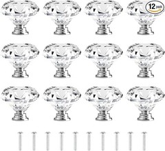 [12 PCS] 40Mm Crystal Clear Glass Cabinet Drawer Pulls, Diamond Shape Cupboard K