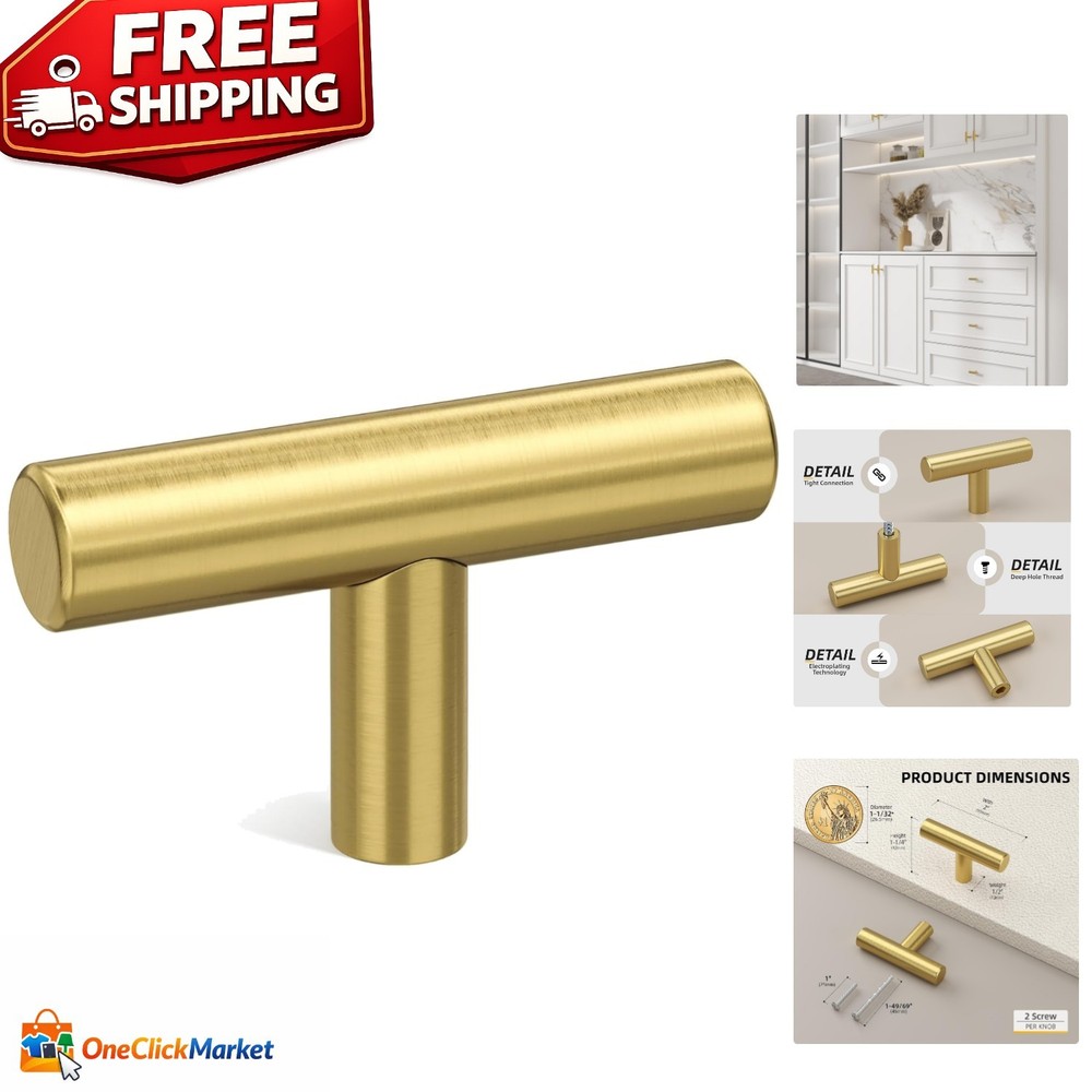 10 Pack Brushed Brass Gold Cabinet Knobs – Elegant T-Shaped Drawer Handles