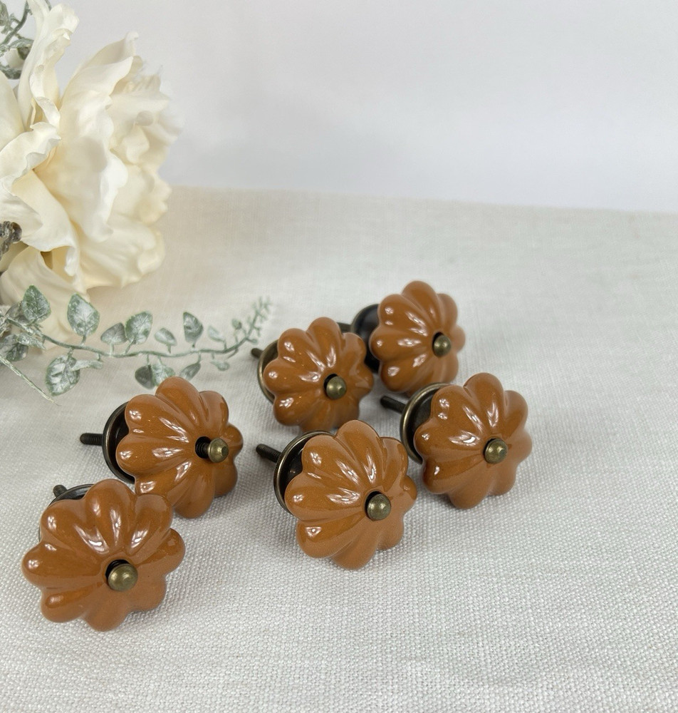 Set of 6 Pumpkin Melon Ceramic Drawer Knobs Pull Rust Antique Brass Hardware NEW