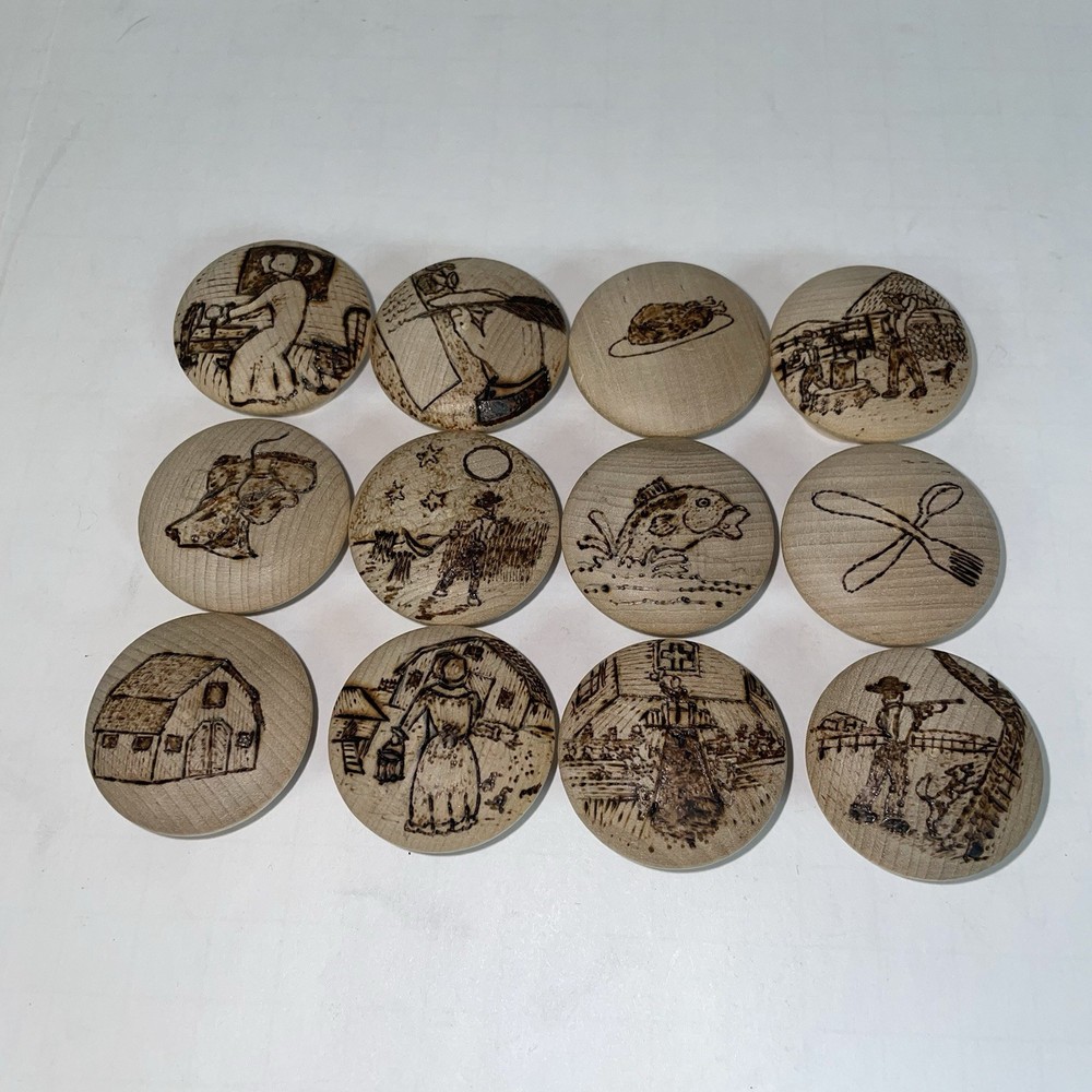 12 Vintage Wood Burned Cabinet Knobs Pyrography Folk Art Farmhouse Drawer Pulls