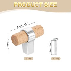 4Pcs 1.57″x0.71″ T-Bar Wooden Drawer Pulls with Silver Base Beech