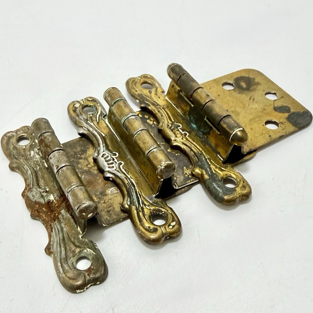 Vintage Ornate Brass Cabinet Hinges Set 3 Decorative Furniture Hardware