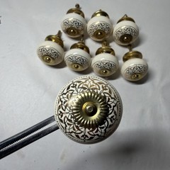 Set of 8 Hand Painted Ceramic Cabinet Drawer Knobs Cream Gold Floral Brass Hrdwr
