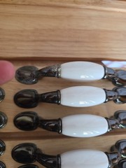 Vtg 20 Wht Porcelain & Gun Metal Gray Spoon Foot Cabinet Pulls 5″ Long 3″Centers