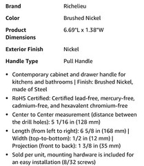 8 Richelieu BP205128195 Roosevelt 5 1/16-inch Drawer Pull Handle Brushed Nickel