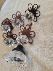 Set of 5 Clear Glass Cabinet Knobs with Red-Blac Metal Flower Backplates, etc