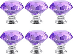 6 Pack Purple Crystal Cabinet Knobs 1.2″ Diamond Glass, Girl Vanity Desk Handles