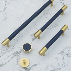 MFYS Brass Gold & Navy Blue Leather Cabinet Handle Wardrobe Pull Drawer Pull