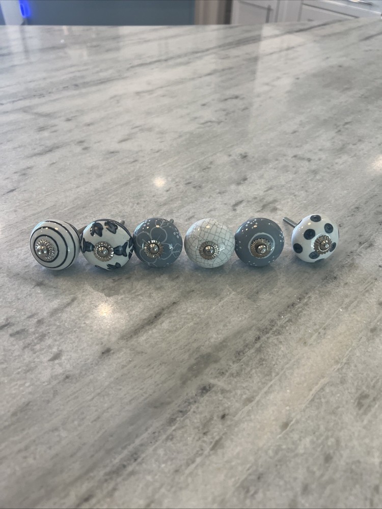 Set of 6 Ceramic Knobs; Cottage Core Blue And White