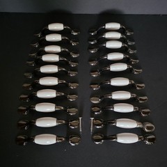 Vtg 20 Wht Porcelain & Gun Metal Gray Spoon Foot Cabinet Pulls 5″ Long 3″Centers